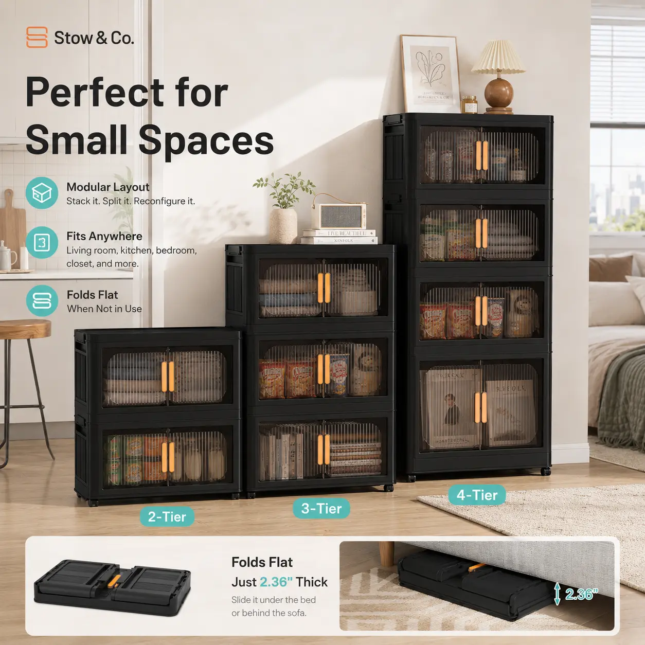 5-tier Folding Storage Cabinet, American-Style Black 20" Wide Plastic Storage Organizer with Magnetic Doors & Wheels, Collapsible Storage Bins, Storage Cart for Bedroom, Kitchen, Living Room, Dorm, Apartment, Small Space Storage tictok shopping