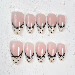 [Lace Polka] Medium Almond Handmade Press on Nails, Fake Nails with Nail tool kit with Jelly Stickers, Reusable, Durable