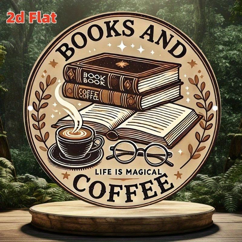 Vintage Book Coffee Life Magic Aluminum Wall Art Sign Round 7.87x7.87 Inch 2D Flat Single Piece with Pre-Drilled Holes for Home Decor