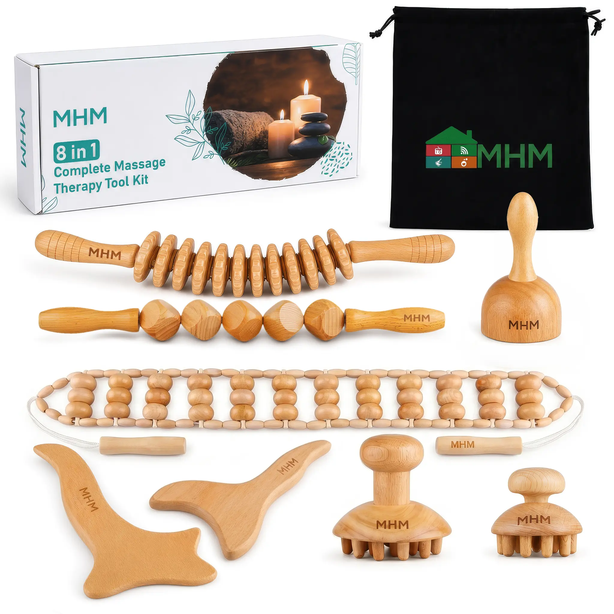 8-Piece Wooden Massage Tool Set for Full Body Relaxation & Self Care at Home