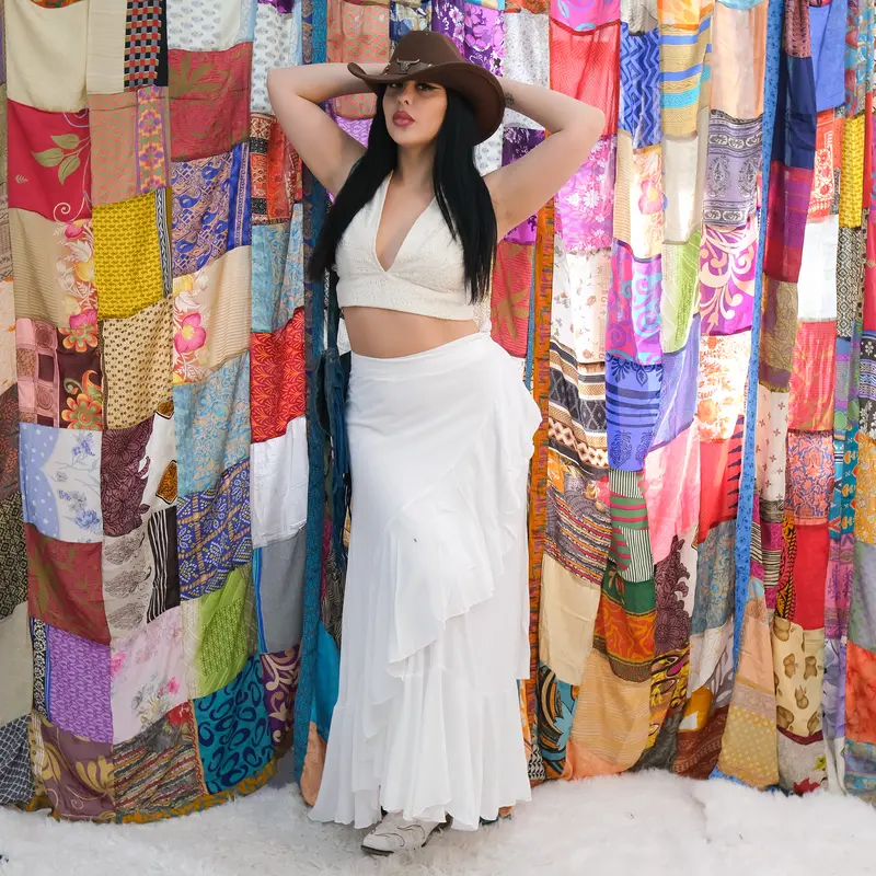 Women's Soft Wrap Maxi Skirt - Bohemian Viscose Lightweight Fabric, Adjustable Waist, Feminine Flared Layered Style, Ruffled Detail, Day & Festival Wear, Perfect Fit