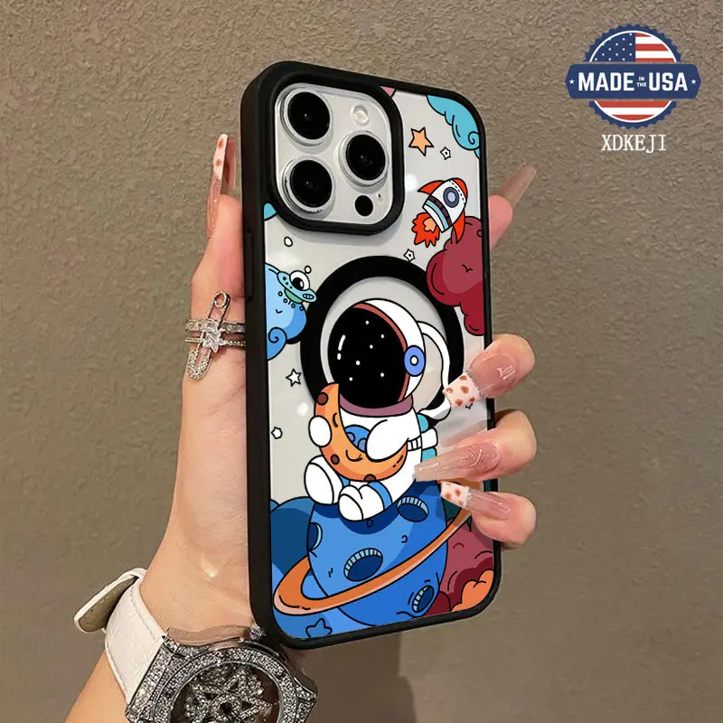 Cartoon Astronaut Pattern Premium Magnetic Phone Cases for iPhone 16 15 14 Pro Max 13 12 11 Plus Smartphone Shockproof Protection Acrylic Cover Cellphone Protective magsafe magnetic case Aesthetic Resistance Casing Protector