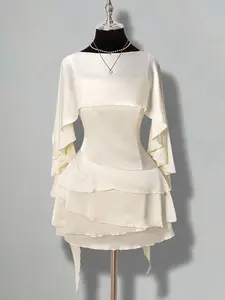 Elegant One-Shoulder Layered Ruffle Dress, Long Sleeve Multi-Layer Ruffle Bodycon Dress, Chic Fashion Backless Party Dress for Tea Parties