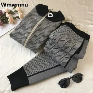 Korean Fashion 2-Piece Set, Women’s Half Turtleneck Knitted Jacket & Jogger Pants