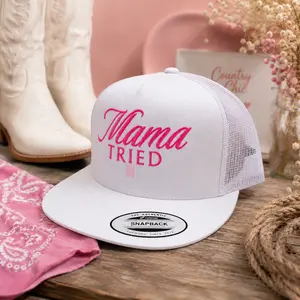 [BEST 2026] Mama Tried White Trucker Snapback Hat with Pink Embroidery, Breathable Mesh Back, Adjustable Cowgirl Cap