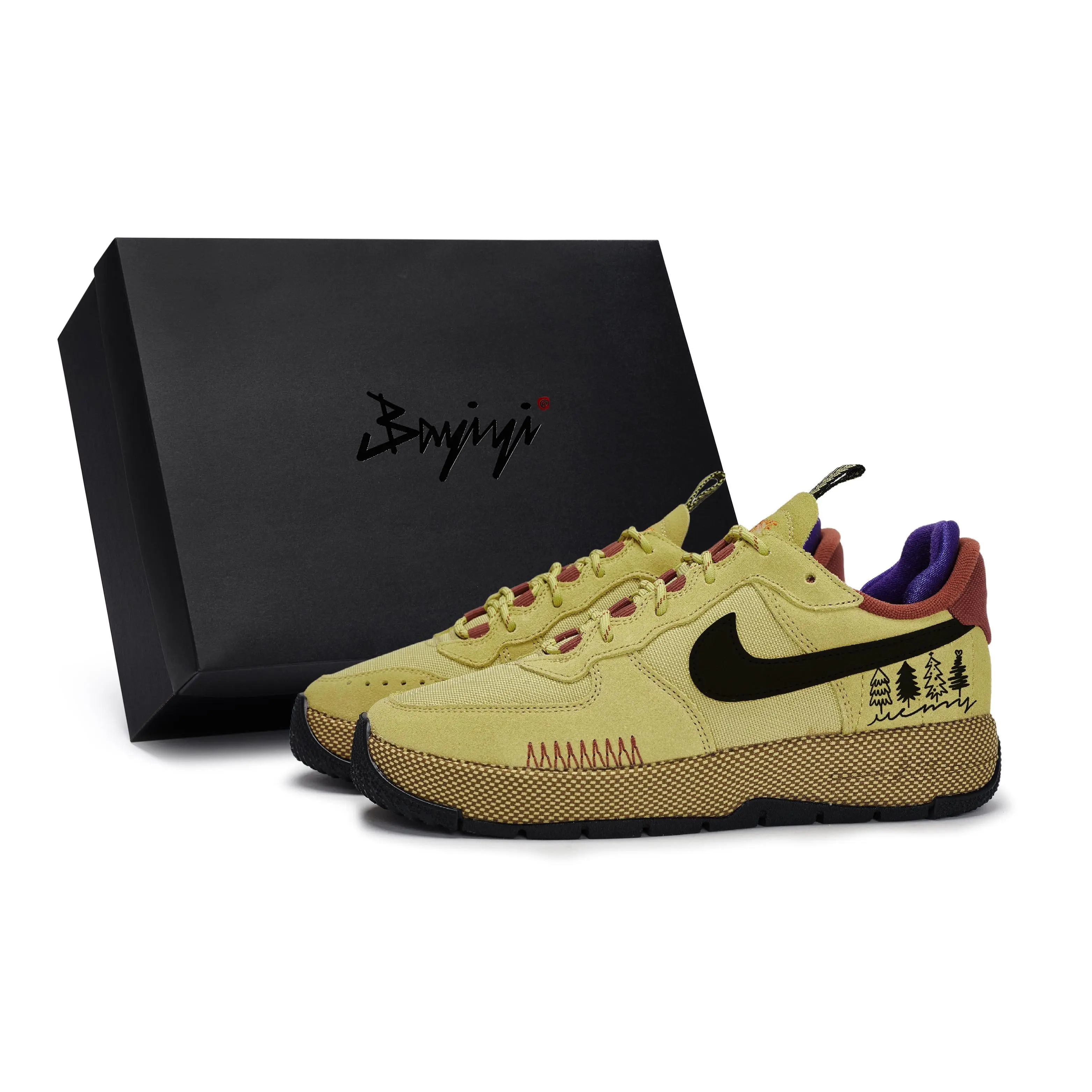Women's Nike Air Force 1 Custom Low-Top Unique Casual Wear Sneakers - Hand-Painted Christmas Theme Forest Design, Special Box, House White Official Maison Mihara Shoes