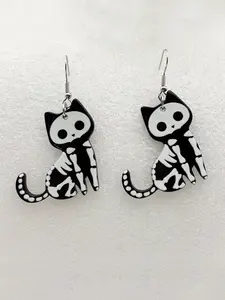 [Cute Cartoon Skeleton Dangle Earrings] Halloween Skeleton Cat Design Dangle Earrings Cartoon Cute Style Acrylic Jewelry Ghost Festival Earrings