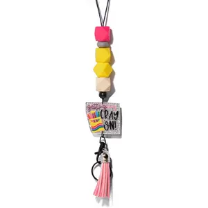 Teacher Lanyard with  Beads & Breakaway Feature - ID Badge Holder with Thanks Giving Day Charm