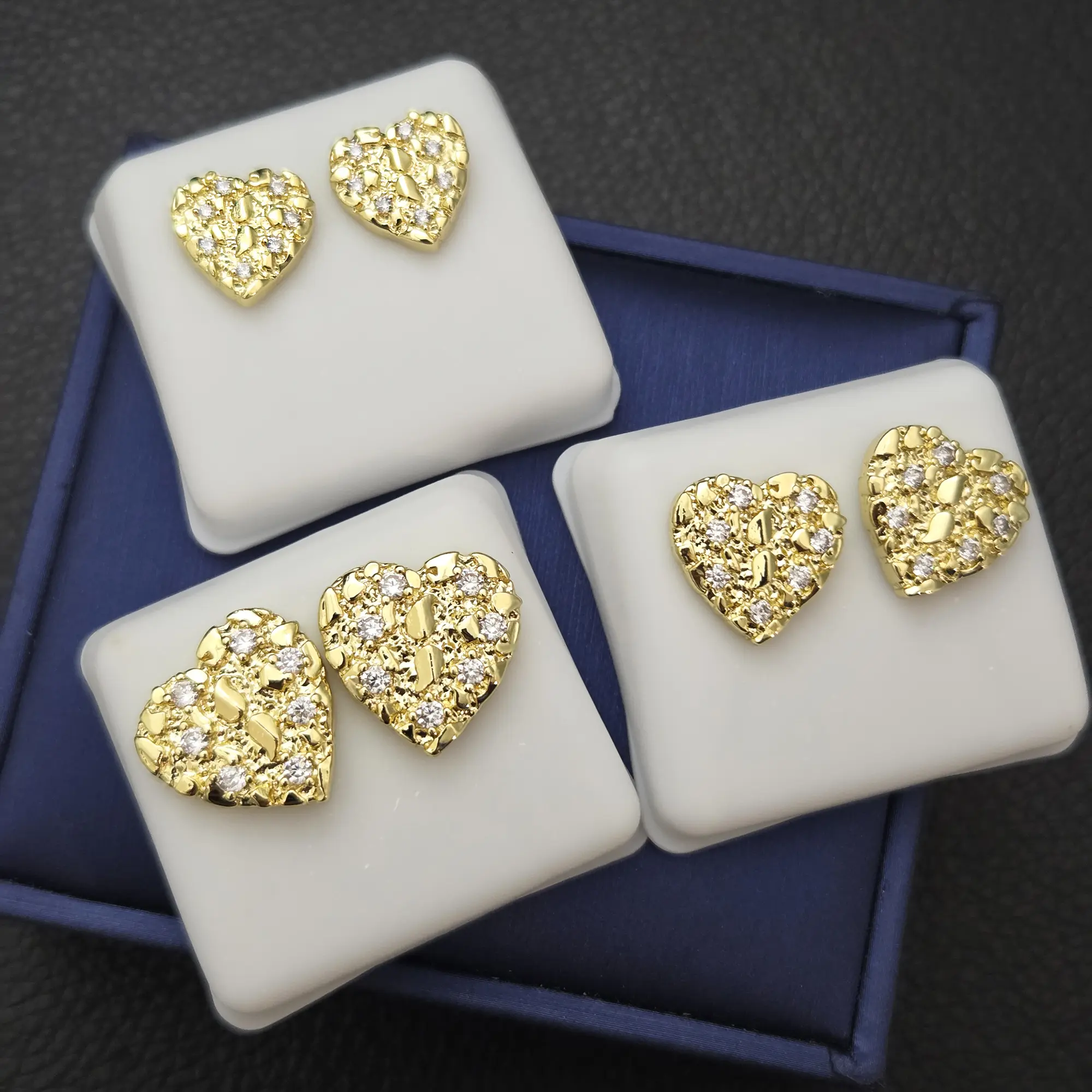 MaxBling81 14K Gold-Finished Brass Base Heart Nugget Earrings, Iced Simulated Diamond Studs Earrings, Unisex Fashion Jewelry (12mm/14mm/16mm)