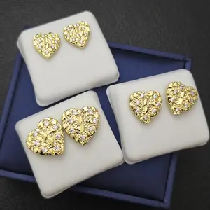 High-End 14K Gold Finished Brass Simulated Diamond Golden Nugget Heart Iced Earring Earrings Jewelry Stud Fashion 12mm / 14mm / 16mm Unisex Men Women