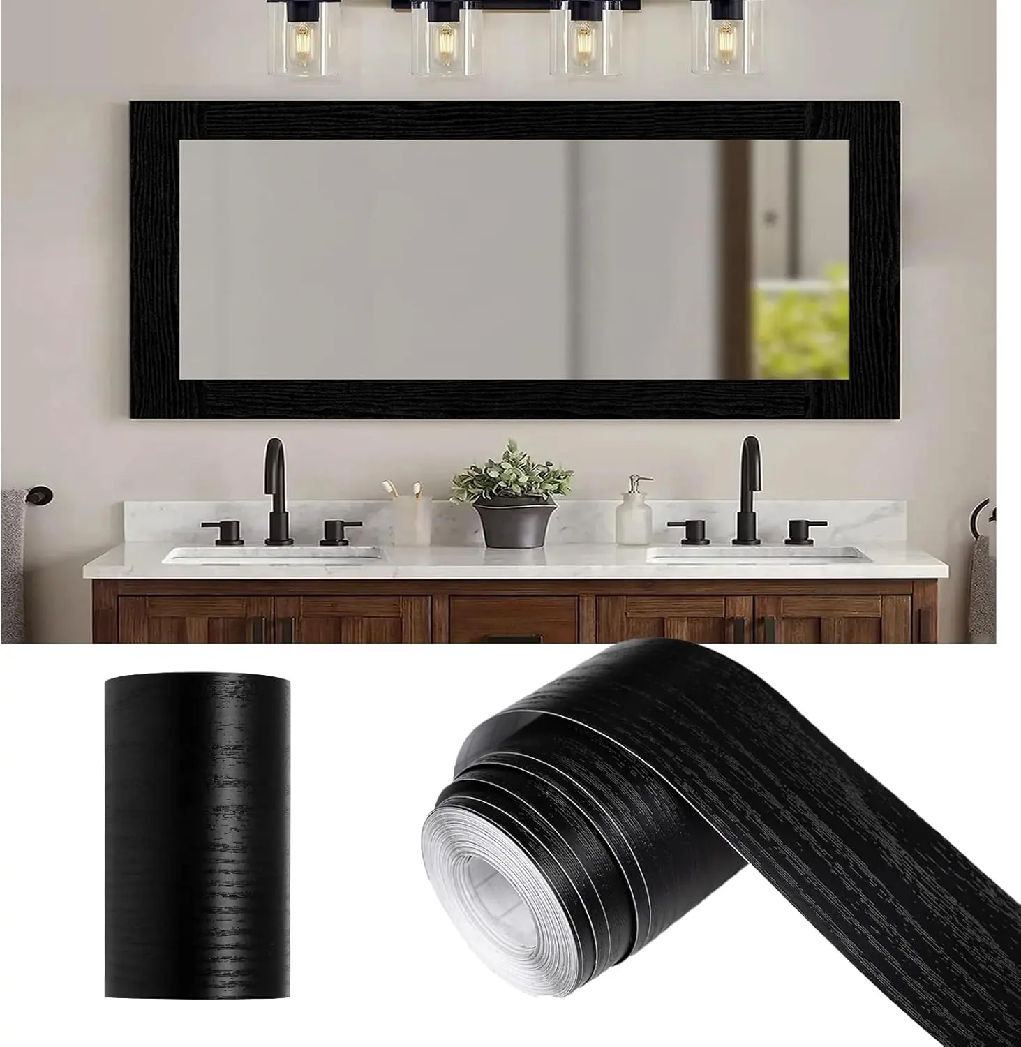 10M Black  Grain Mirror Frame Border Peel and Stick Wallpaper, Removable PVC  Bathroom Mirror Tape Sticker Trim, Kitchen Wallpaper Self Adhesive Decor Sticker 2" x 393"