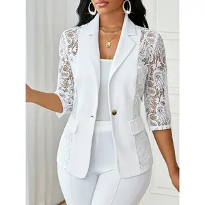 Stylish Contrast Lace Open Front 3/4 Sleeve Blazer - Perfect for Spring & Fall, Casual Chic Women's Clothing with Elegant Lace Details and Comfortable Fit - Ideal for Daily Wear, Work, or Special Occasions