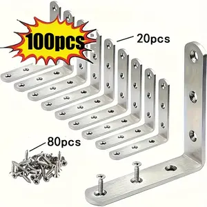 100 right-angle L-shaped bracket fixed supports with screw set, 20 brackets including 80 screws, furniture connectors, iron reinforced corner braces