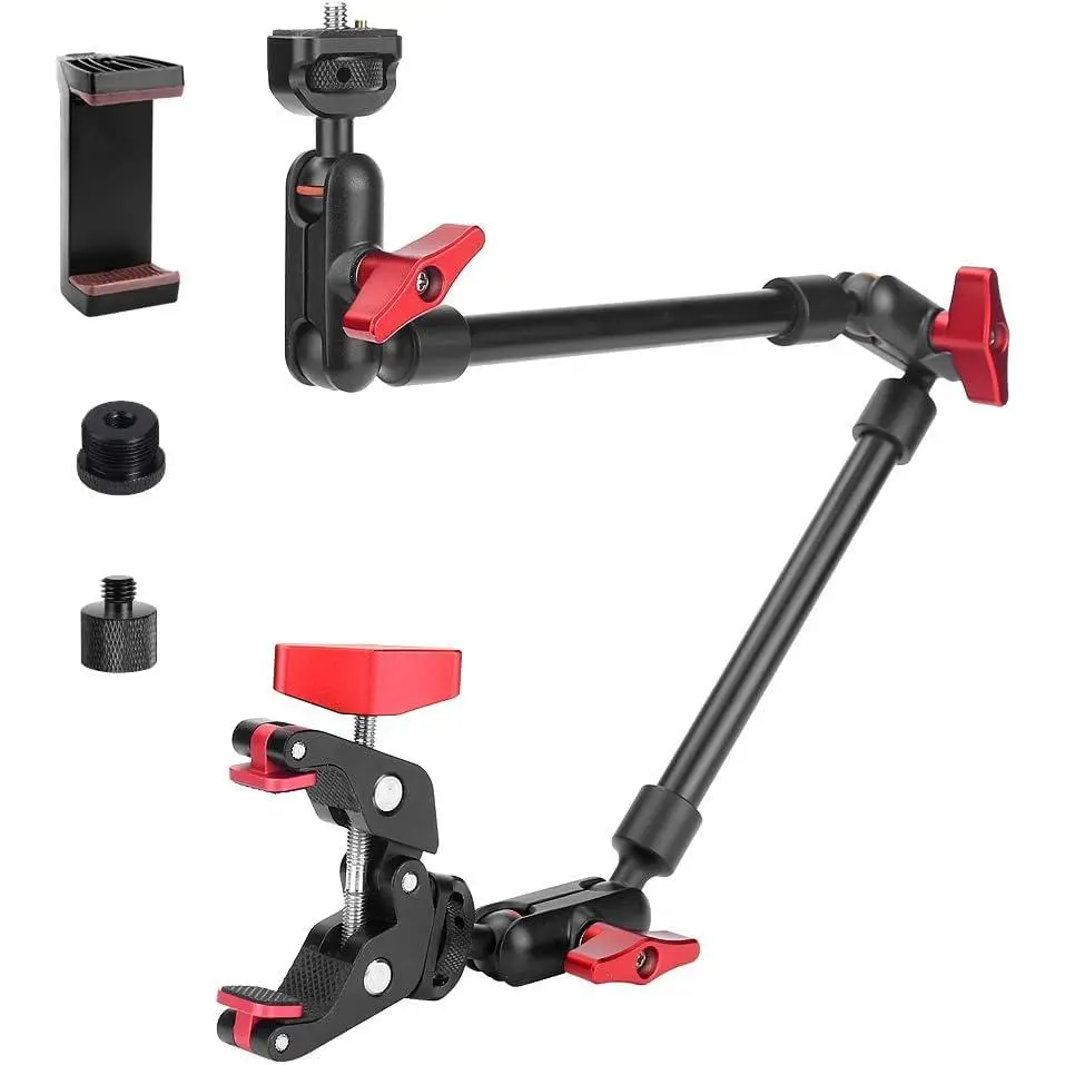 22" Magic Arm w Clamp Camera Mount, Adjustable Articulating Arm Friction Camera Boom Arm Mount Clamp w 1/4" Thread, Overhead Camera Desk Mount Clamp Stand for Tripod Light Webcam Mic Video Rig