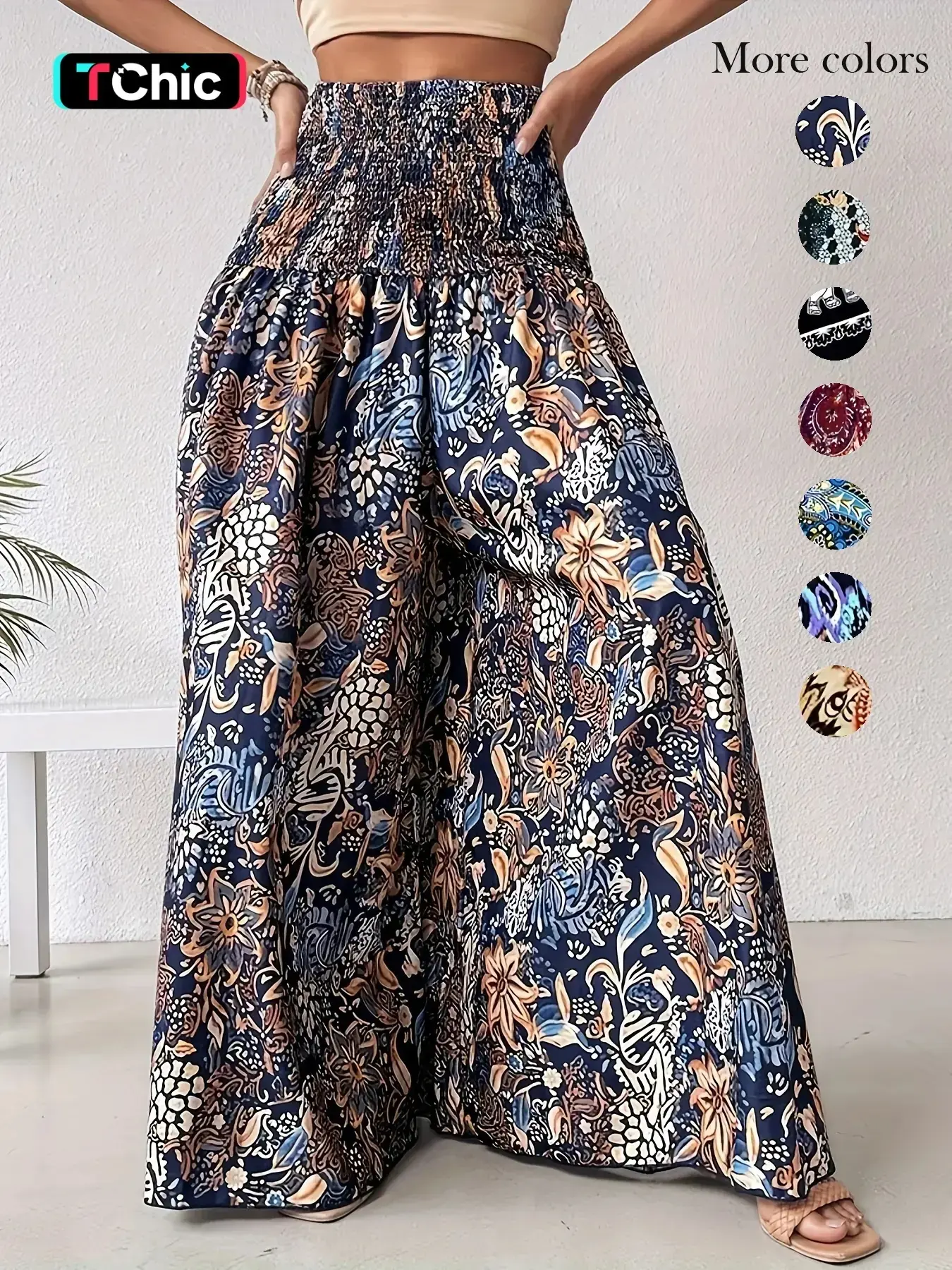 Women's Ethnic Pattern Shirred Waist Wide Leg Pants, Boho Casual Loose Fitted High Waist Trousers for Daily Holiday Vacation Wear, Ladies Bottoms for All Seasons