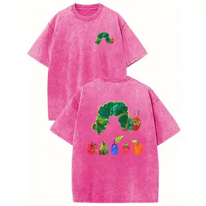 Holafish Vintage Acid Washed "The Very Hungry Caterpillar" Double Sided Graphic Print Crewneck T-Shirt, Heavyweight Cotton Unisex Streetwear Casual Tee