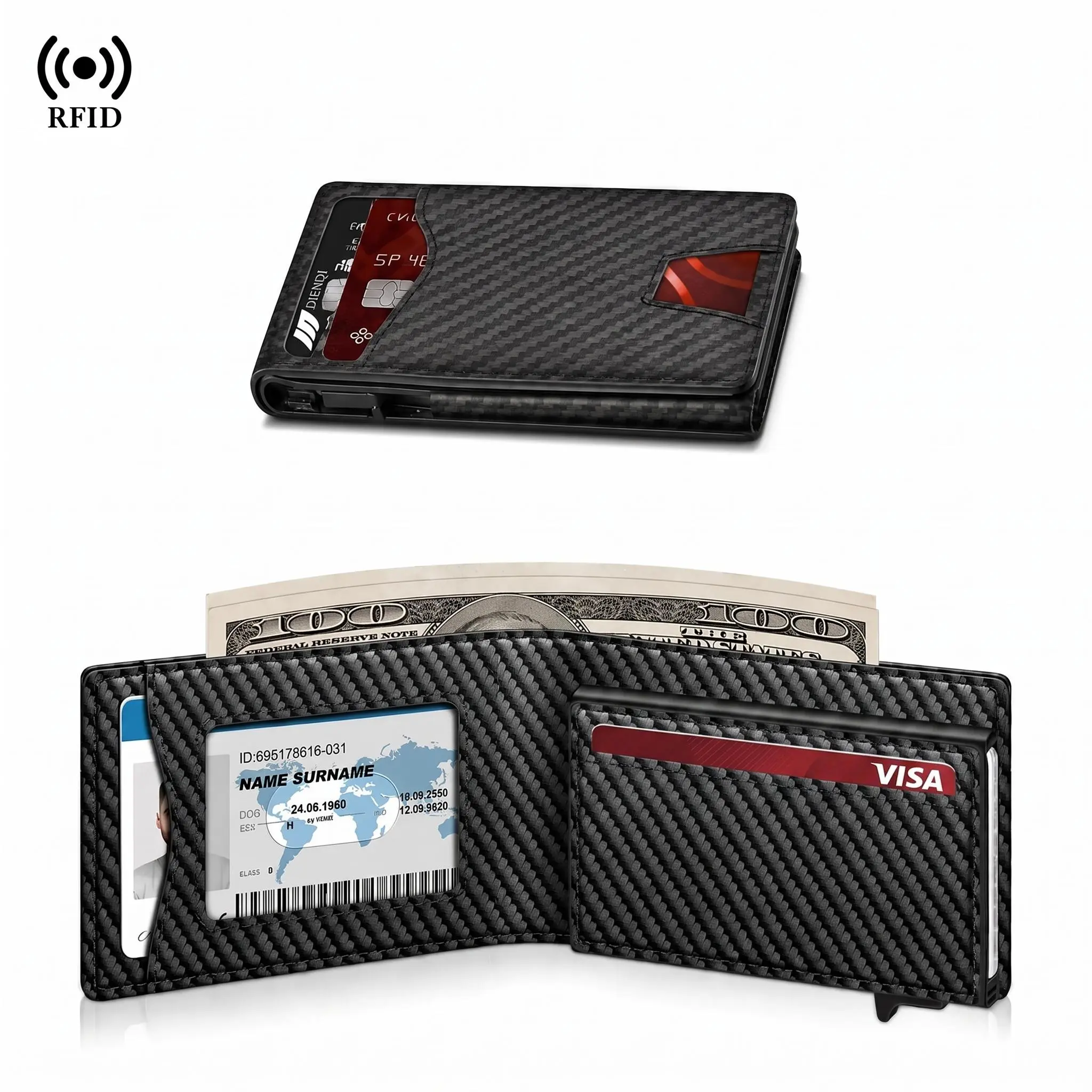 Slim Mens Wallet, RFID Blocking Pop Up Card Wallet, Metal Aluminum Credit Card Holder with ID Window, Holds 8-10 Cards