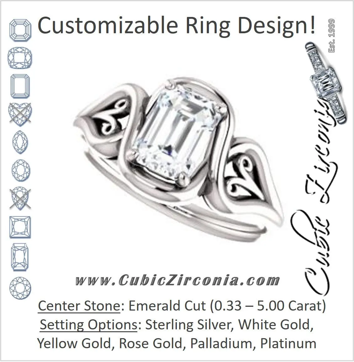 Cubic Zirconia Engagement Ring- The Bentley (Customizable Emerald Cut Solitaire with Wide Tapered Band and Side Engraving Motif)