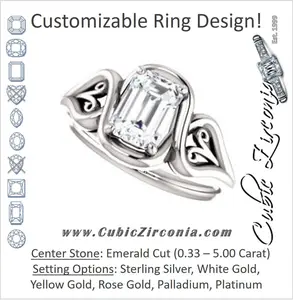 Cubic Zirconia Engagement Ring- The Bentley (Customizable Emerald Cut Solitaire with Wide Tapered Band and Side Engraving Motif)