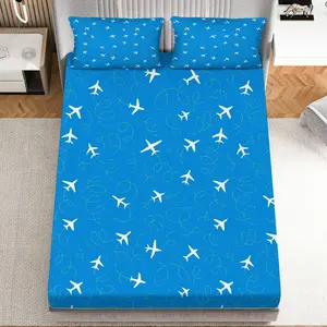 3Pcs Airplane Blue Journey Fitted sheet Three Piece Set (1*Fitted Sheet+2*Pillowcases, Coreless), Travel theme, Aircraft Bedding Set, Mattress protector Soft, Breathable