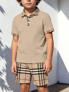 Casual Polo Shirt and Shorts Set, Boy's Plaid Patchwork Two-Piece, Summer Lightweight Breathable Set