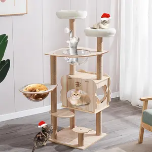 Wood Cat TreeModern Cat Tree for Large Cat Wood Cat Tower with Scratch Post for Indoor Big Cats 54" Extra Tall Cat Condo Sturdy with Clear Bowl Hammock for Kittens (Style 06)