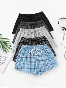 Women's Solid & Plaid Print Pajama Shorts, Casual Comfy Breathable Sleep Shorts, Ladies Sleepwear for Summer, Loungewear Pajamas