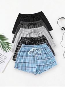 women's solid & plaid print pajama shorts, casual comfy breathable sleep shorts, ladies sleepwear for summer, women's shorts, pj shorts, nightwear, womenswear