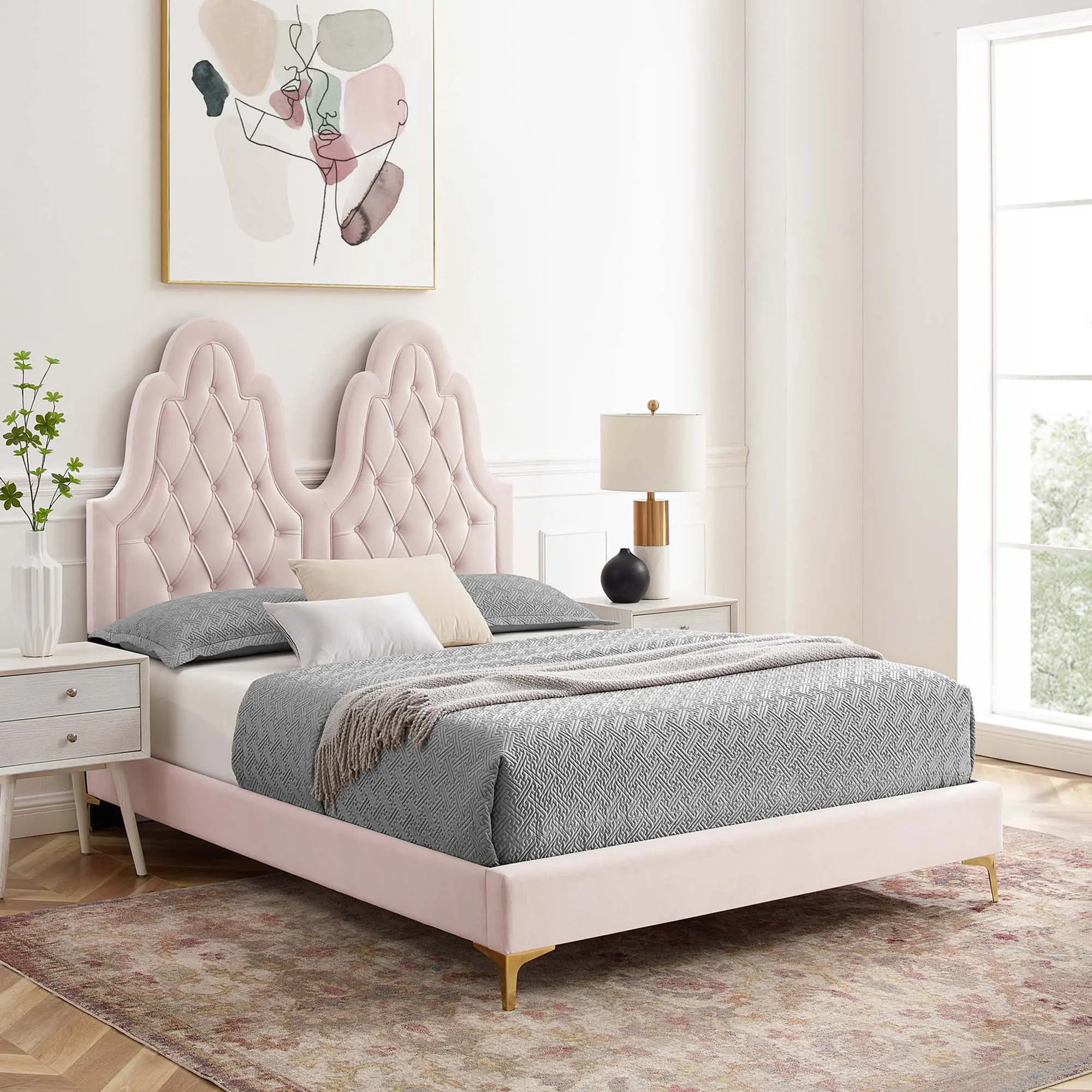 Alexandria Tufted Performance Velvet Twin Platform Bed in Pink