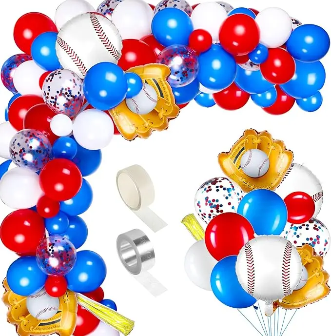 122 Pieces Baseball Balloons Arch Garland Kit 5 12 18 Inch Red Blue White Latex Balloons Confetti Balloons Baseball Foil Balloons for Baseball Birthday Party 4th of July Independence Day Decorations