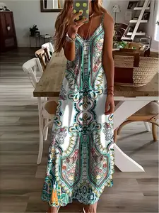 Women Summer Beach Dress Chinese Blue and White Porcelain Print Loose Cover Up Spaghetti Strap Long Dress for Vacation Sun Protection