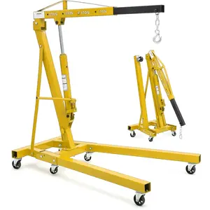 GAOMON Yellow 2 Ton Folding Hydraulic Engine Hoist Cherry Picker, 4400 Lbs Capacity, Adjustable Telescoping Boom, Heavy Duty Shop Crane No Load Leveler & 6 Swivel Wheels, for Garage Workshop Warehouse Automotive