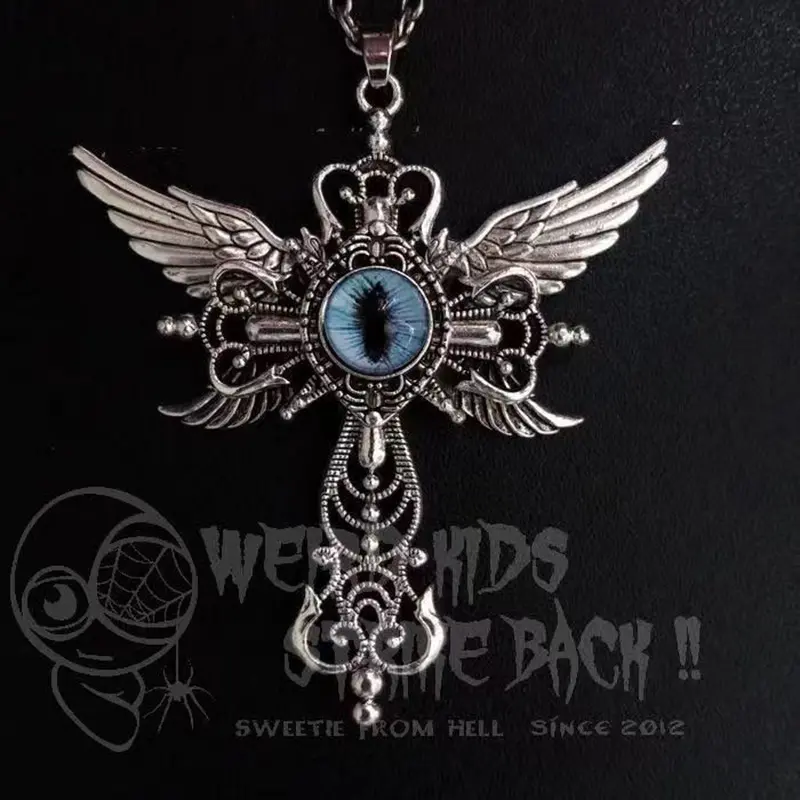 Natural Blue Devil's Eye Pendant Jewelry Creative Devil Wings Cross Necklace