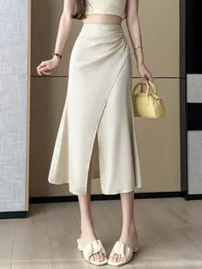 Women's Spring New Fashion Elegant Chinese Style Satin Split Fish Tail Skirt, Long Vintage Ruched Belly Covering Skirt