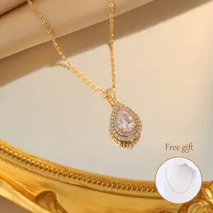 French waterdrop micro-inlaid mermaid princess necklace, Light luxury and fashion, 14K Gold Hypoalleric Adjustable Necklace