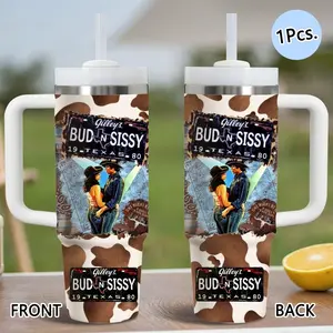Bud And Sissy Vacuum Flasks 40oz Stainless Steel Tumbler with Handle & Straw, Vacuum Insulated Travel Mug Keeps Drinks Cold Up to 34 Hours, Leak-Resistant Cup for Iced Coffee, Water, Office, Gym or Travel