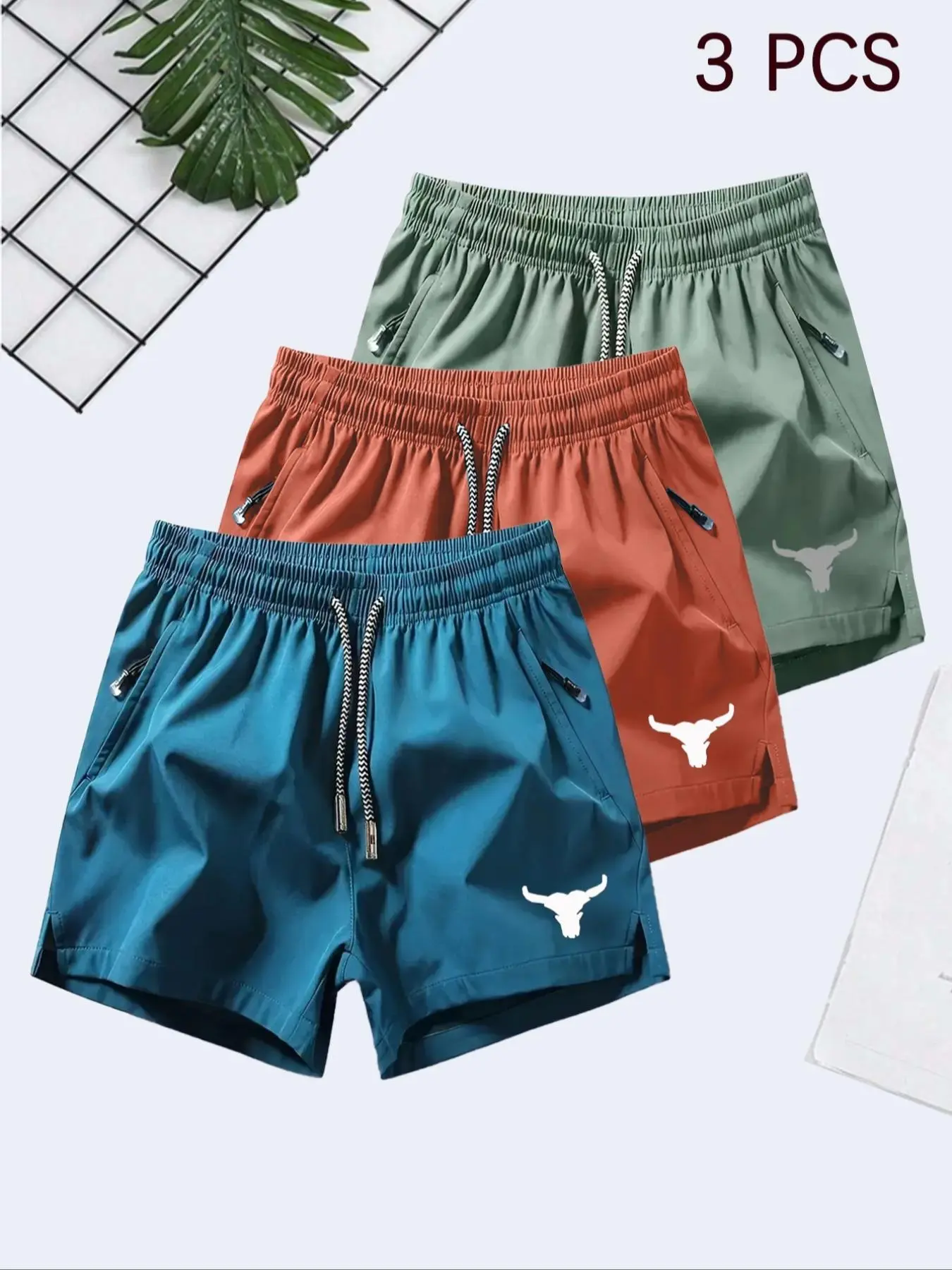 Men's 3-Pack Comfy Stretchy Athleisure Shorts - Cow Head Print, Quick-Dry, Zipper Design, Lightweight, Athletic Fit, Ideal for Summer Training, Sports, Comfy Stretchy Shorts, Athleisure Men's Shorts