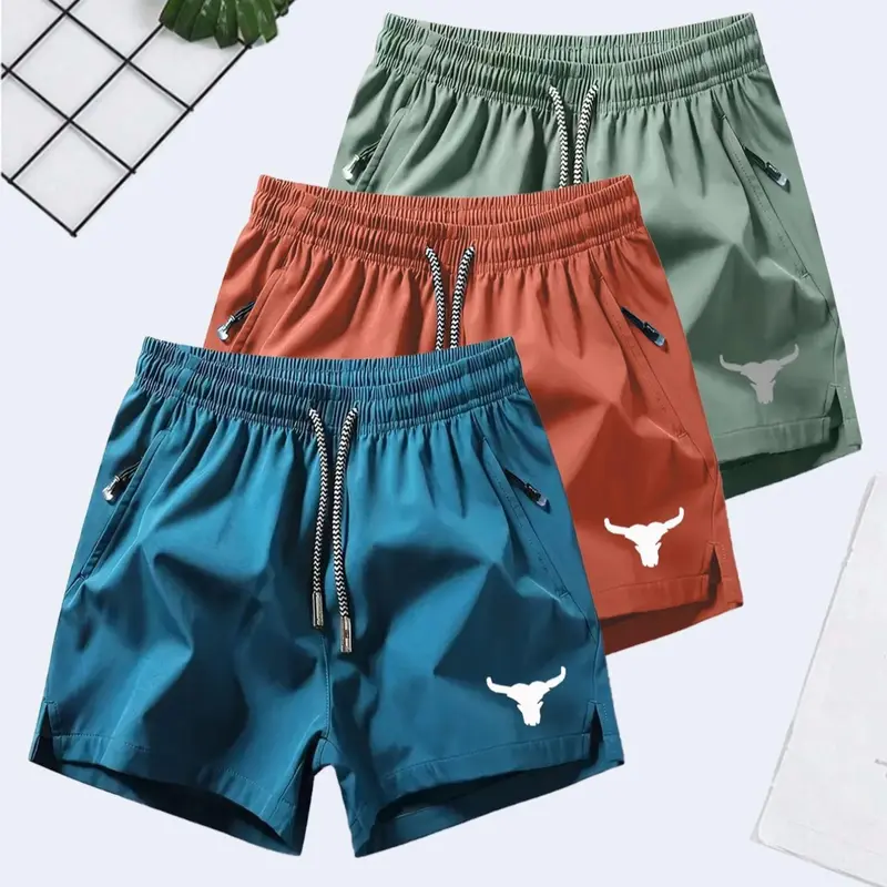 Men’s 3-pack bull head print athletic casual shorts — comfortable stretch, quick-drying, zipper design, lightweight for sports, athletic fit, suitable for summer training and workouts; comfortable stretch shorts, lightweight sports shorts.