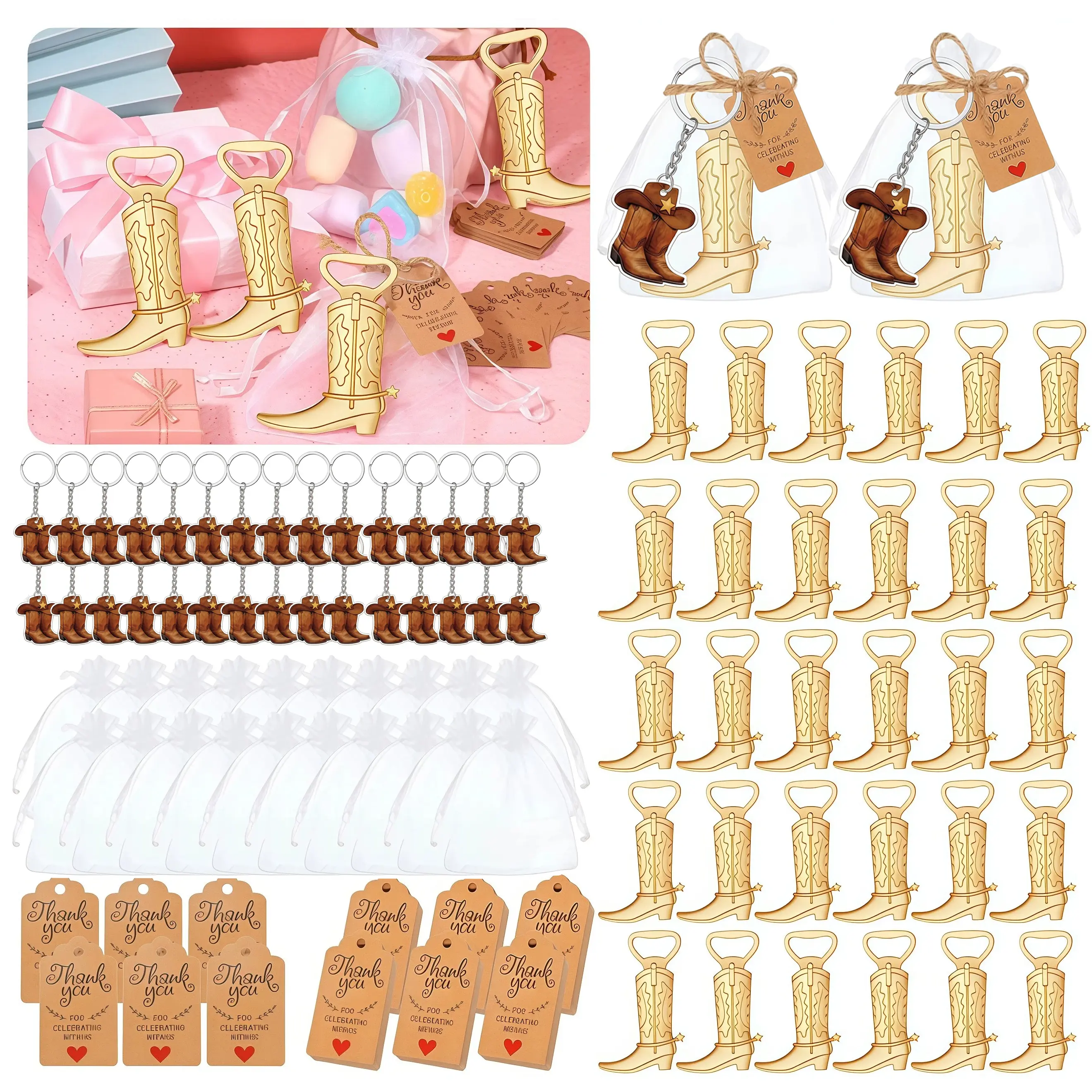 Rustic Western Cowboy Boot Bottle Opener Set, Wedding Favors & Party Gifts for Bridal Shower