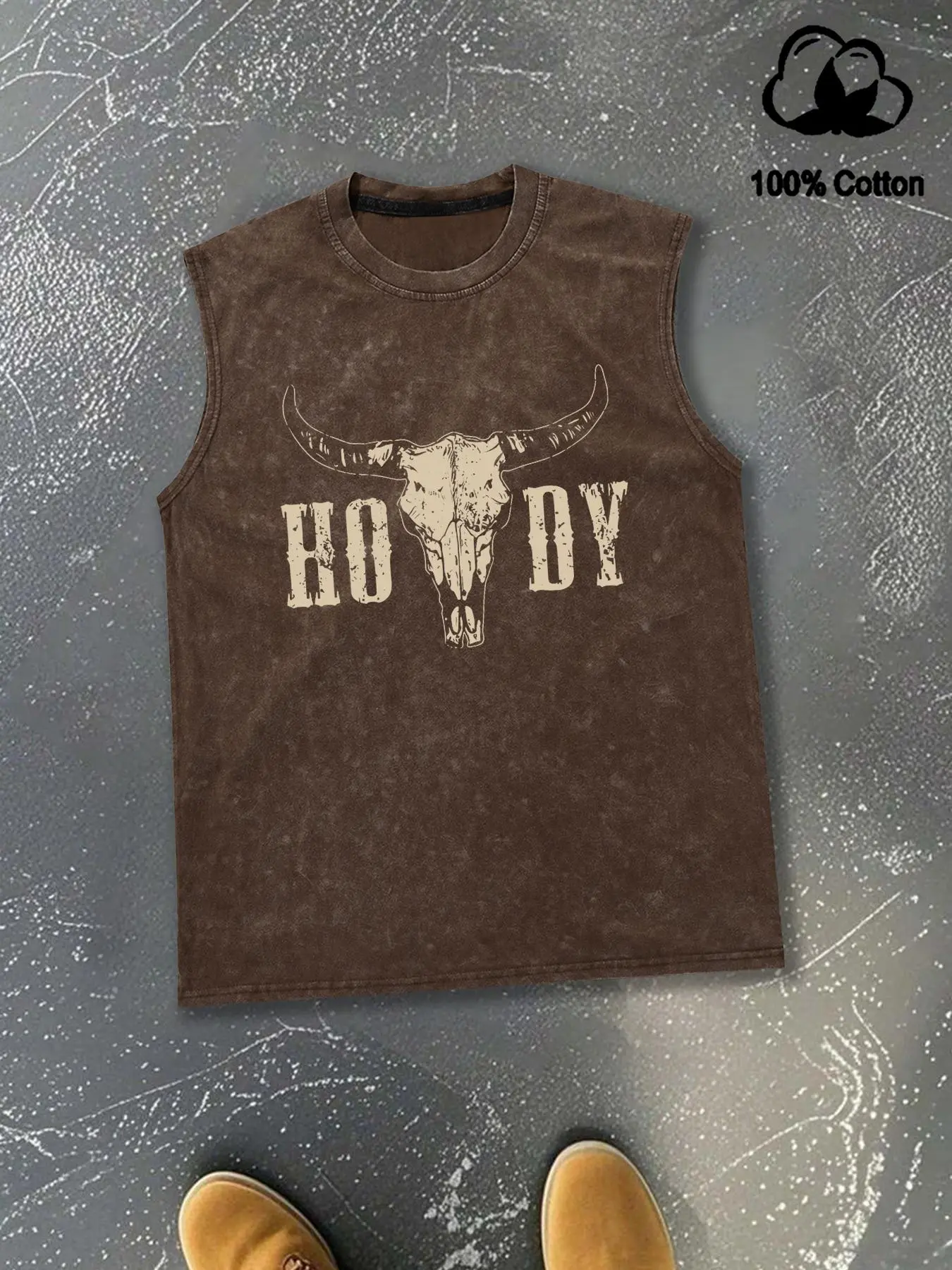 Men's Regular Fit Bull Head Print Graphic Tank Top, Casual Cowboy Style Sleeveless Top, Sleeveless Shirt for Summer, Fashion Men's Clothes, Menswear for Daily Wear, Graphic Sleeveless Vest, Cotton Fitted Tank, Socks
