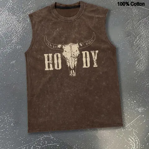 Men's Regular Fit Bull Head Print Graphic Tank Top, Casual Cowboy Style Sleeveless Top, Sleeveless Shirt for Summer, Fashion Men's Clothes, Menswear for Daily Wear, Graphic Sleeveless Vest, Cotton Fitted Tank, Socks