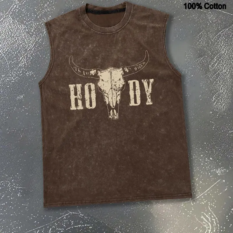 Men's Regular Fit Bull Head Print Graphic Tank Top, Casual Cowboy Style Sleeveless Top, Sleeveless Shirt for Summer, Fashion Men's Clothes, Menswear for Daily Wear, Graphic Sleeveless Vest, Cotton Fitted Tank, Socks