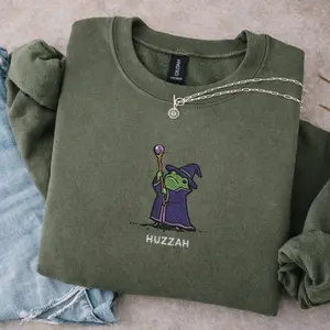 Embroidered Huzzah Frog Wizard Sweatshirt and Hoodie, Funny DnD Pullover, Renaissance Faire Frog Crewneck, Medieval Fantasy Gamer Gift