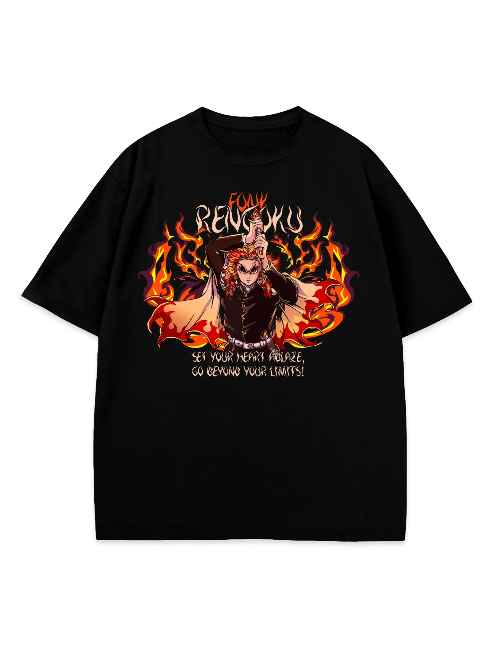 Demon Slayer Rengoku Kyojuro T-Shirt, Flame Hashira "Set Your Heart Ablaze" Quote Graphic Tee, Premium Cotton Oversized Streetwear Top