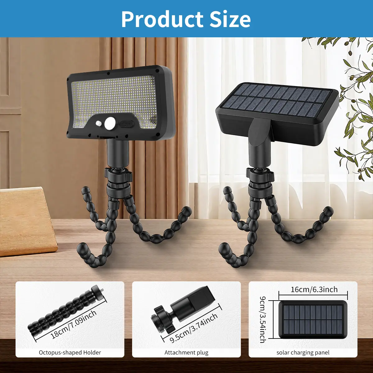Solar Outdoor Lights 92LED Security Lights,USB & Solar Powered, Adjustable Angle, 4 Modes, Octopus Stand, IP65 Waterproof Fence Lights for Garden, Gate
