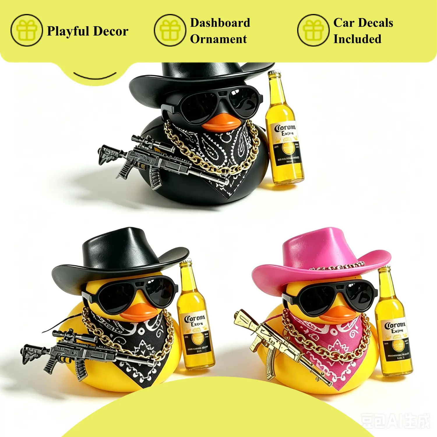 3pcs Playful Vehicle Rubber Duck Dashboard Ornament - Cool Collectibles, Graphic Car Decals, Vehicle Interior Decoration Accessory