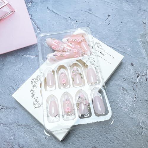 24 Pcs French Tip Press on Nails Medium Almond Fake Nails with 3D Flower Butterfly Pearl Diamond Designs Bow Charms False Nails Stick on Nails Full Cover Glossy Artificial Nails for Women