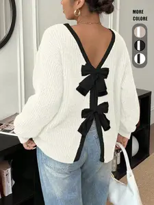 Women's Elegant Back Bow Knit Pullover Sweater, Casual Long Sleeve Drop Shoulder Jumper, Fall & Winter Fashion, Plain Color