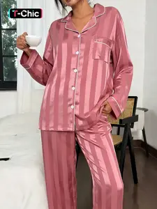 2-piece set of solid color striped long sleeved pants, soft comfortable skin-friendly top with small pockets, lapel design, button closure elastic waistband, all season women's home casual loungewear sleepwear Pajama set, Pjs