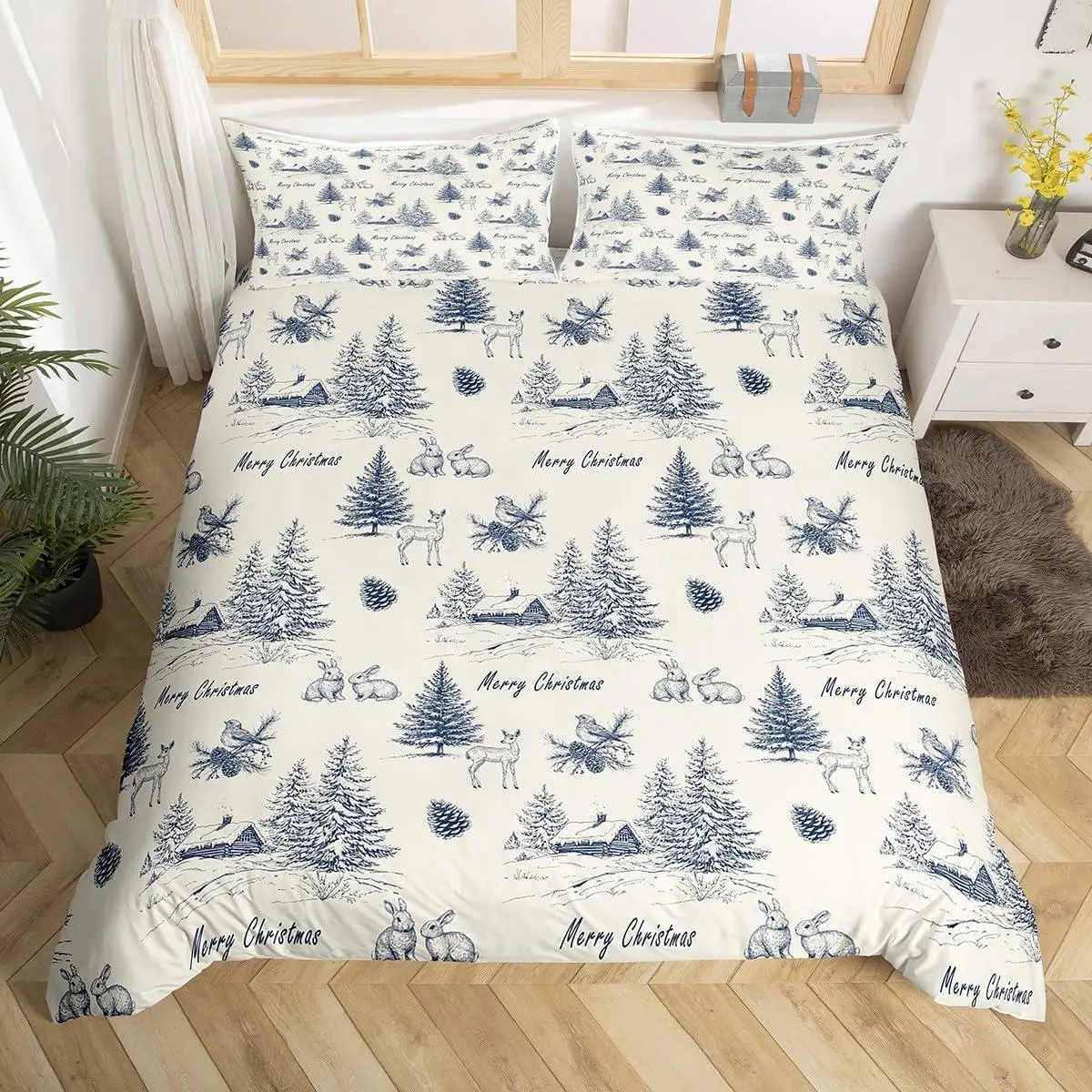 Navy Blue Christmas Duvet Cover,Winter Village Bedding Set for Kids Adults,Christmas Tree Reindeer Pattern Duvet Cover Set,Xmas Holiday Quilt Cover